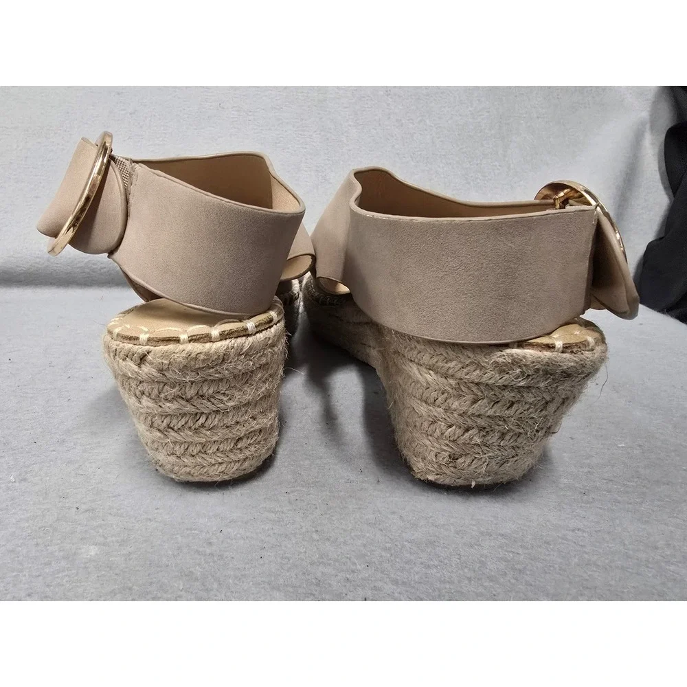 Catherine Malandrino Taupe Espadrille Wedge Heel Sandals Gold Buckle 9.5